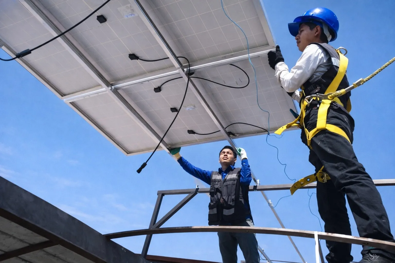 Técnicos instalando paneles solares con equipo de seguridad